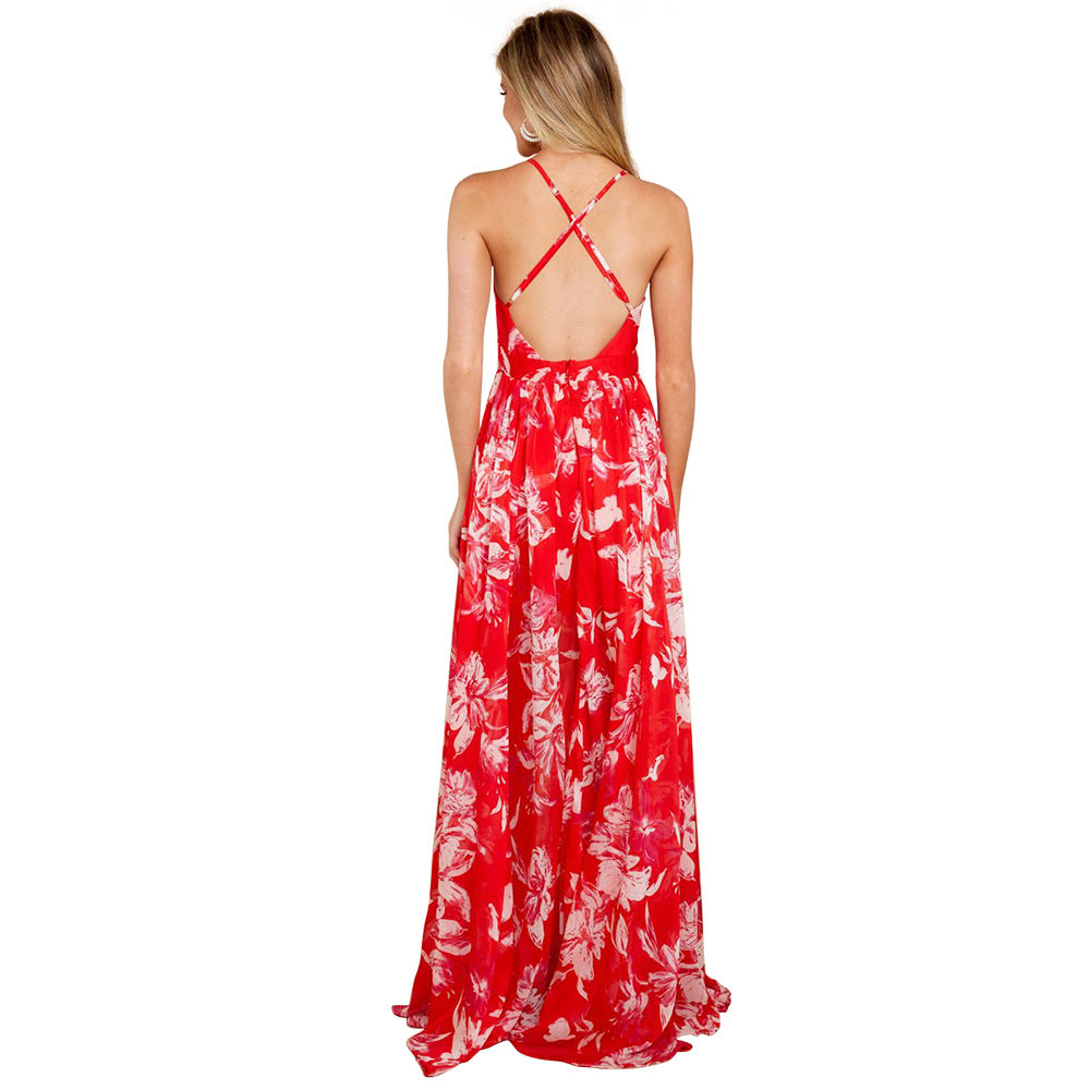 Fashion Print Deep V Neck Open Back Chiffon Beach Sling Wide Swing Dress Sexy Wholesale Maxi Dresses