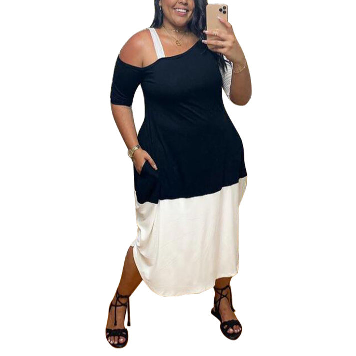 Off Shoulders Colorblock Sling Women Curvy Dresses Wholesale Plus Size Clothing