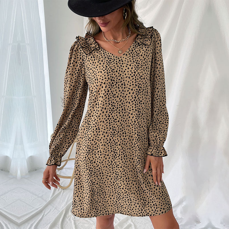 Leopard Print V-Neck Long Sleeve Loose A-Line Dress Wholesale Dresses