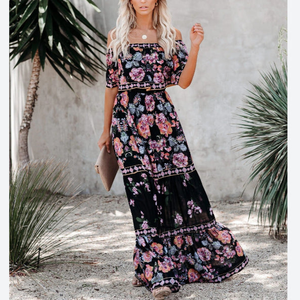 Off Shoulder Floral Print Ruffled Big Lapel Wide Swing Dress Vacation Wholesale Maxi Dresses