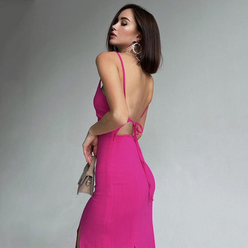Sexy Deep V Sling  Tie-Up Backless Solid Color Slit Midi Dress Wholesale Dresses