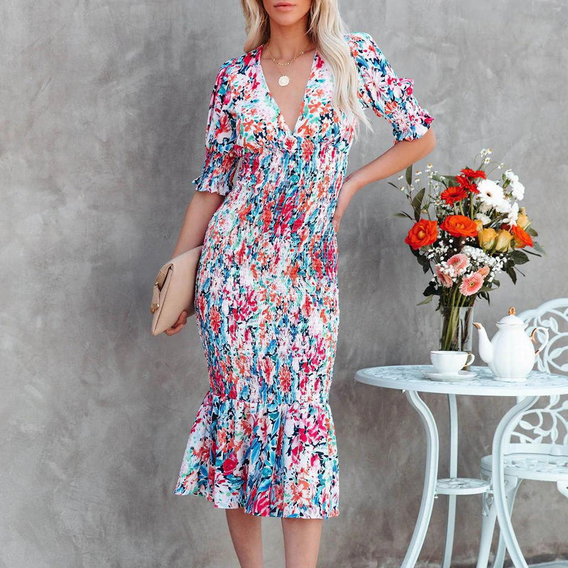 Printed Slim Elegant Ruffle Dress Wholesale Dresses