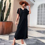 Solid Color Pullover Black Button Slit Design Loose Causal T Shirt Dress Wholesale Maxi Dresses