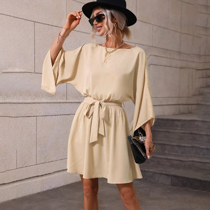 Round Neck Solid Color Tie-Up Waist Long Sleeve Casual Dress Wholesale Dresses SDN538014