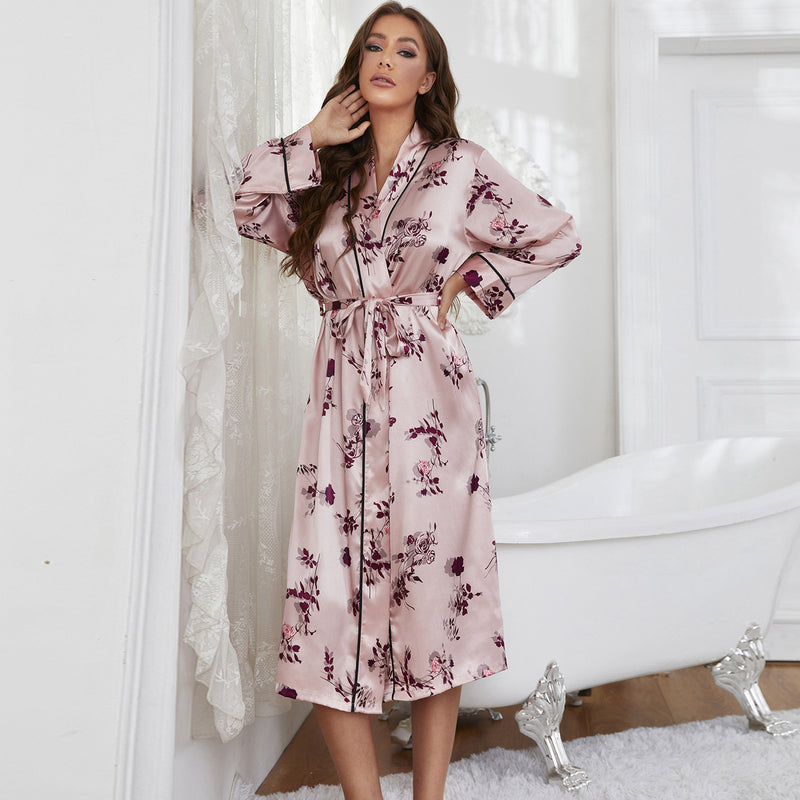 Floral Print Satin Nightgown Bathrobe Home Pajamas Wholesale Loungewear