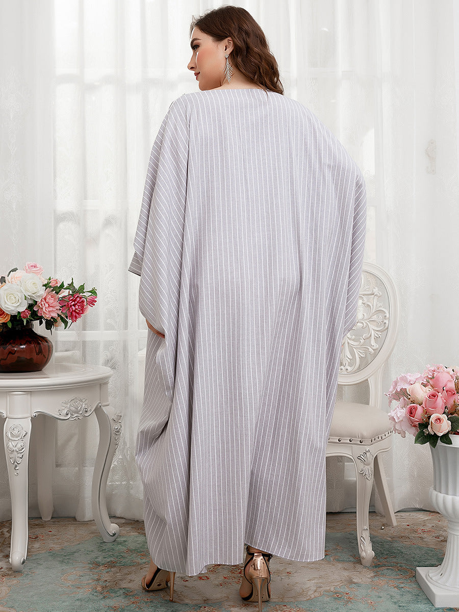 Casual Embroidered Fringe Striped Bat Sleeve Loose Maxi Dress Wholesale Plus Size Clothing