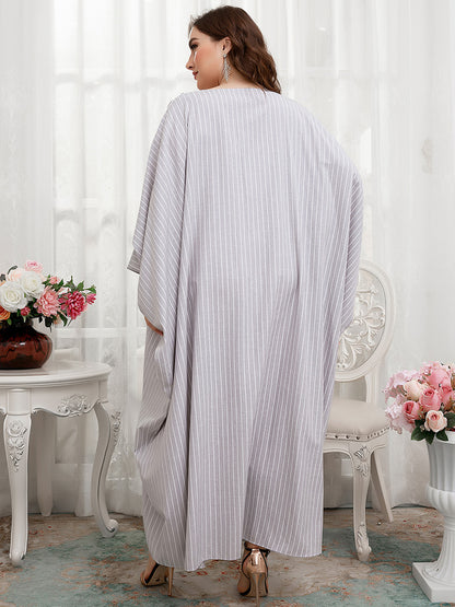 Casual Embroidered Fringe Striped Bat Sleeve Loose Maxi Dress Wholesale Plus Size Clothing