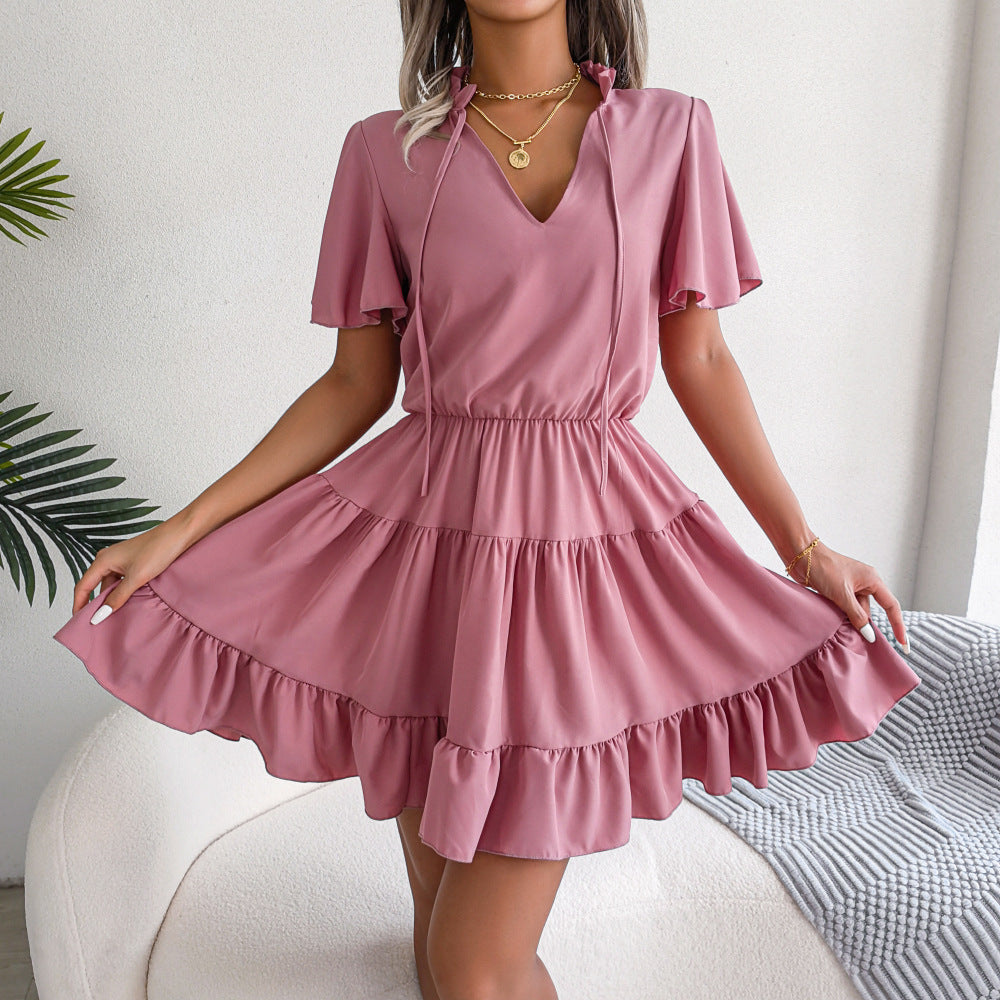 Lotus Leaf Lace-Up Solid Color Smocked Dress Wholesale Dresses