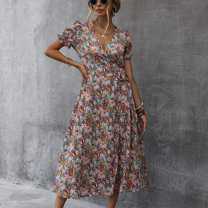 Summer Floral Print V-Neck Puff Sleeve Long Wrap Dress Wholesale Dresses