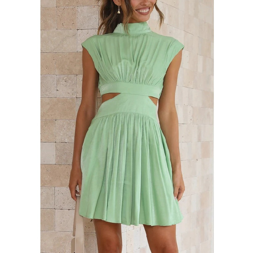 Solid Color Summer Hollow Waist Stand Collar Pleated Dress Wholesale Dresses