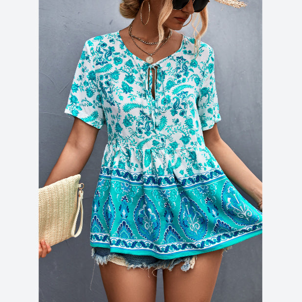 V-Neck Boho Style Print Lace-Up Bohemian Womens Tunic Tops Casual Wholesale T Shirts