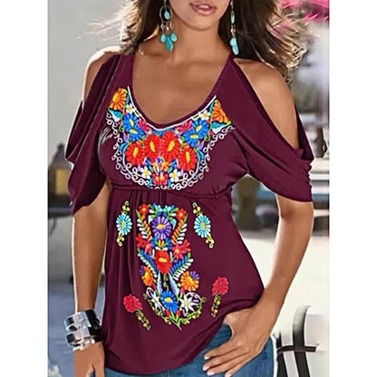 Summer Sexy Print Tops Loose Short Sleeve Women Wholesale Off Shoulder T Shirts