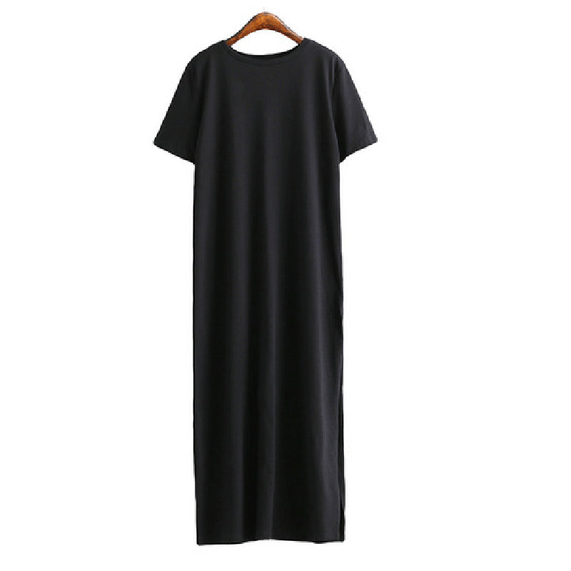 Short Sleeve Loose Solid Color Casual Round Neck Side Slit Dress Wholesale Dresses