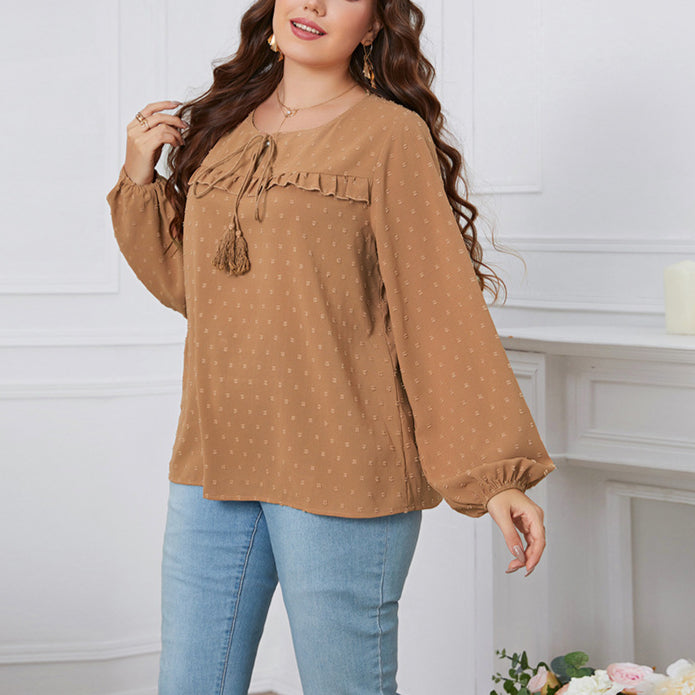 Wholesale Plus Size Women Clothing Lady Style Tie Rope Round Neck Lace Long Sleeve Loose Top