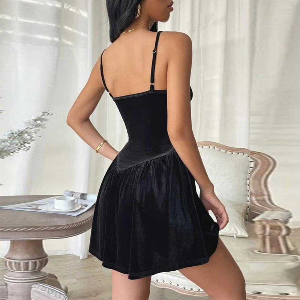 Velvet Sling Solid Color Pleated Sexy Party Slim Mini Dress Wholesale Dresses