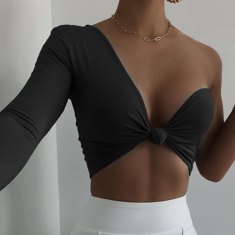 Sexy Irregular Chest Wrap Solid Color One Shoulder Wholesale Crop Tops