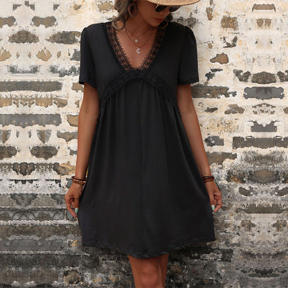 Lace Trim Short Sleeve V Neck Wholesale A Line Dresses