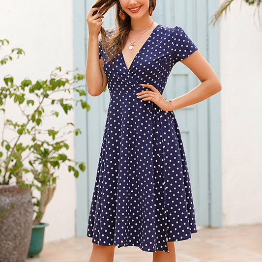 Polka-Dot Printed Chiffon V-Neck Slim Tie Short-Sleeved Summer Dress Wholesale Dresses