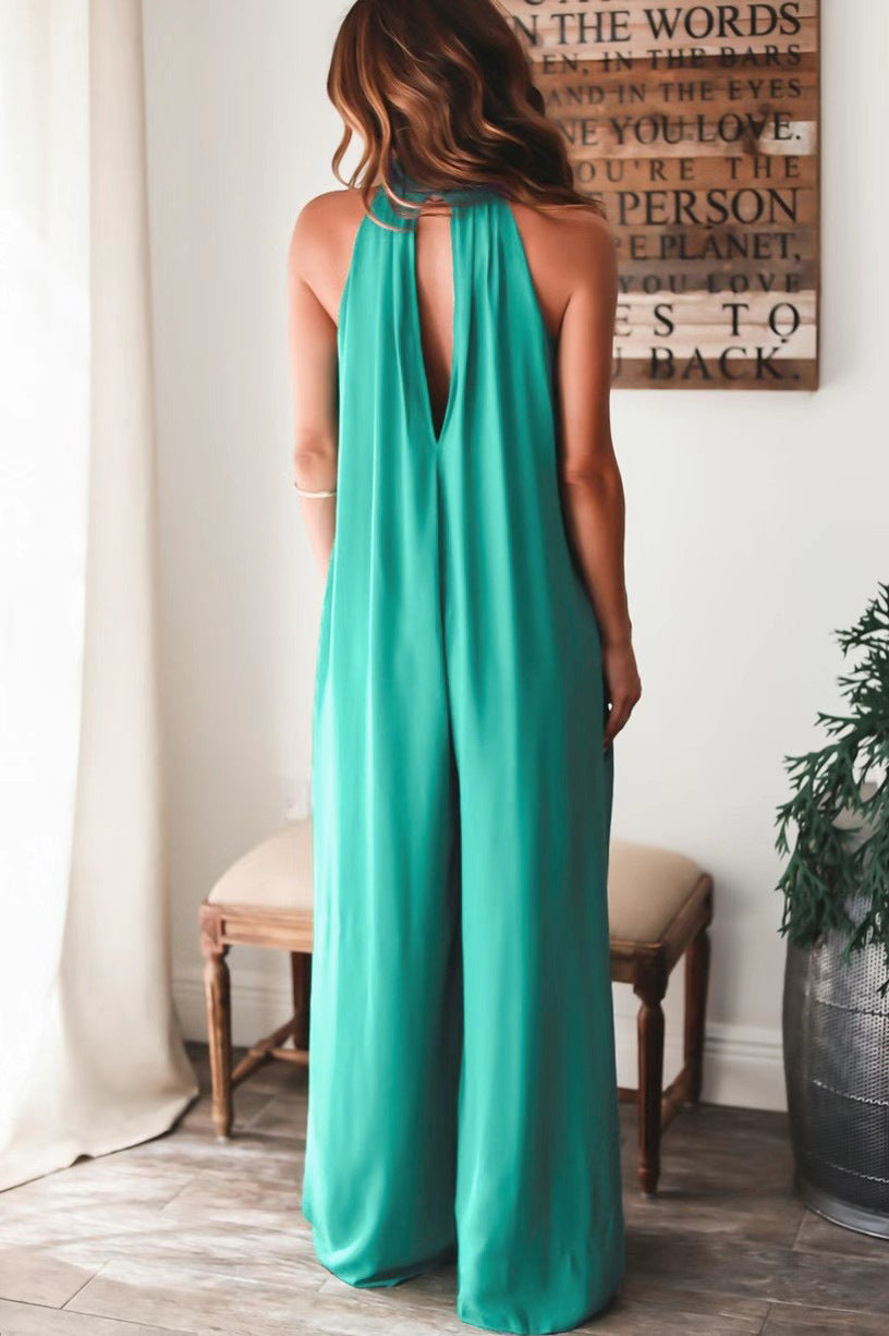 Solid Color Sleeveless Halterneck Loose Wide-Leg Womens Satin Jump Suits Wholesale Jumpsuits