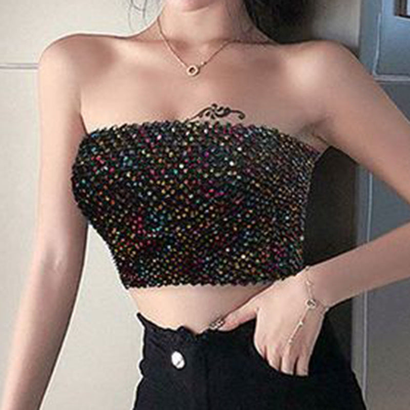 Sequins All-Match Strapless Elastic Solid Color Sexy Crop Top Wholesale Women Top