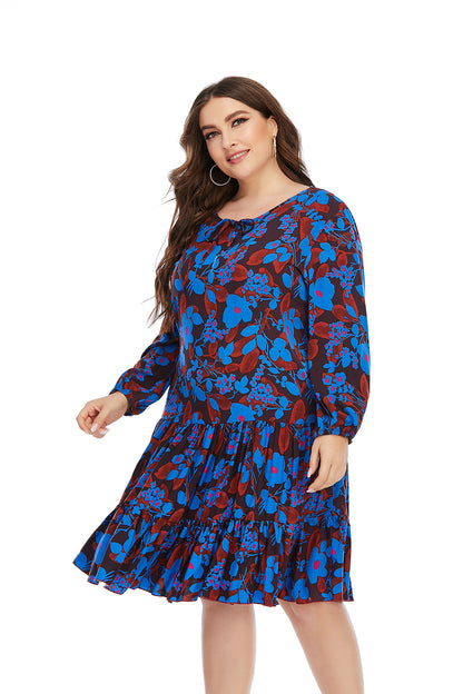 Casual Floral Swing Dress Loose Long Sleeve Dresses Wholesale Plus Size Clothing