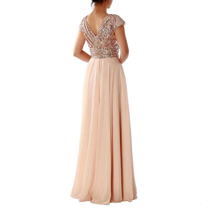 High Waist V-Neck Chiffon Sequin Evening Dress Wholesale Maxi Dresses