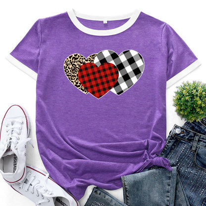 Checkered Heart Print Round Neck Short Sleeve Tops Casual Wholesale Women'S T Shirts