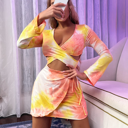 Sexy Tie Dye Cutout Dress V-Neck Flared Sleeve Bodycon Wholesale Dresses