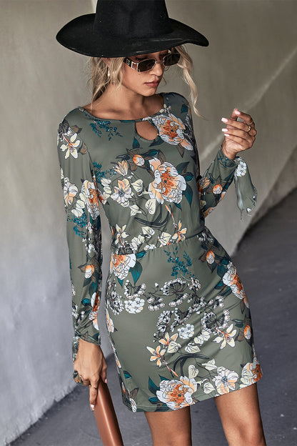 Floral Print Hollow Long Sleeve Bodycon Dress Wholesale Dresses