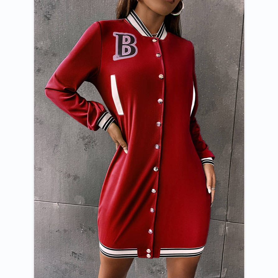 Fashion Single-Breasted Slim Baseball Dress Wholesale Dresses