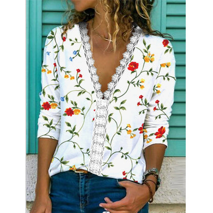 Sexy Deep V-Neck Floral Lace Trim Tops Loose Wholesale Womens Long Sleeve T Shirts