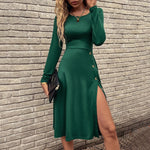 Round Neck Casual Long Sleeve Button Midi Knitted Dress Wholesale Dresses