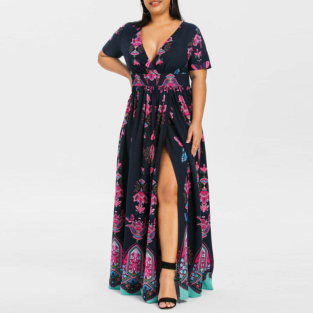 Printed Women Curvy Slit Maxi Dresses Wholesale Plus Size Clothing