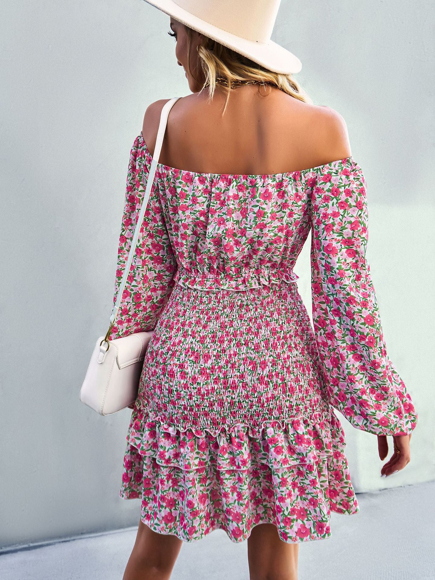 Floral Print Off Shoulder Long Sleeve Slim Ruffled Dress Wholesale Dresses