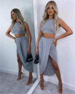 Sexy Tight Crop Tops & Slit Maxi Skirts Solid Color Wholesale Womens 2 Piece Sets