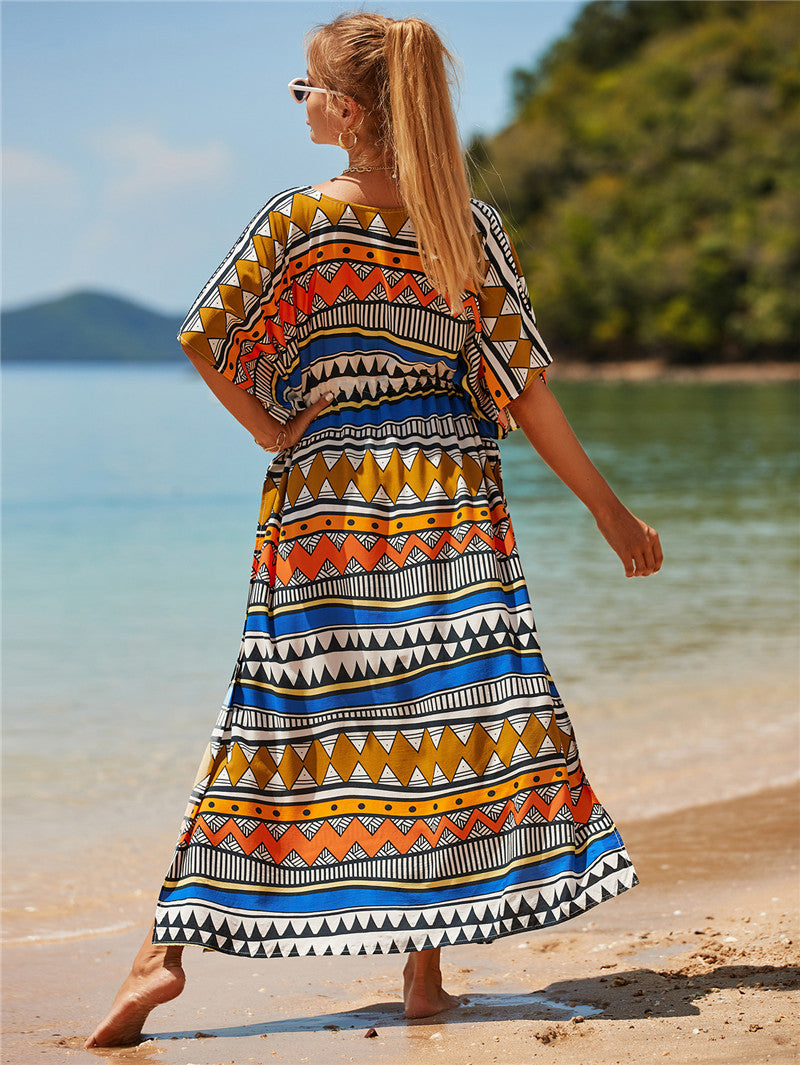 Tie-Up Waist Casual Geometric Print Loose Beach Blouse Resort Beachwear Cover Up Wholesale Maxi Dresses