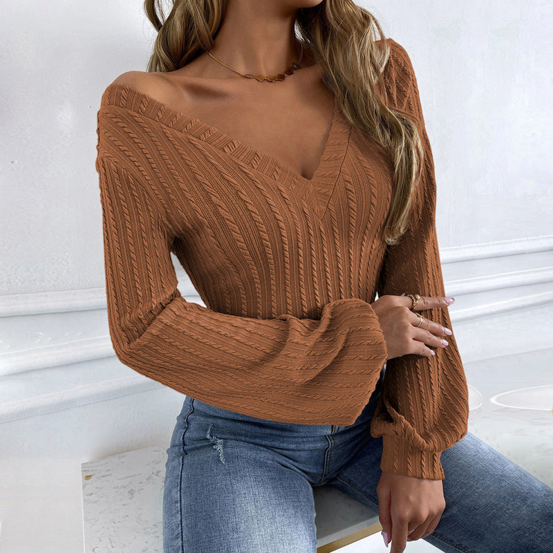 V-Neck Puff Sleeve Slim Fit Knit Long Sleeve T-Shirt Wholesale Womens Tops