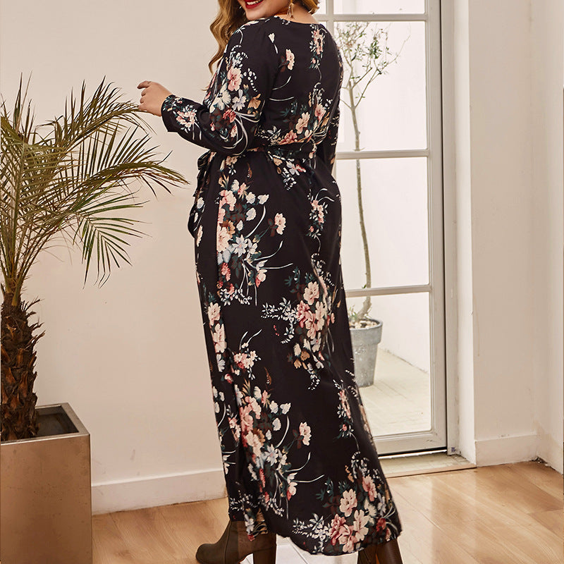 Wholesale Plus Size Women Clothing Loose Long-Sleeved Printed Temperament Maxi Dress
