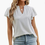 Casual Solid Color V-Neck Short Sleeve Jacquard T-Shirt Wholesale Womens Tops