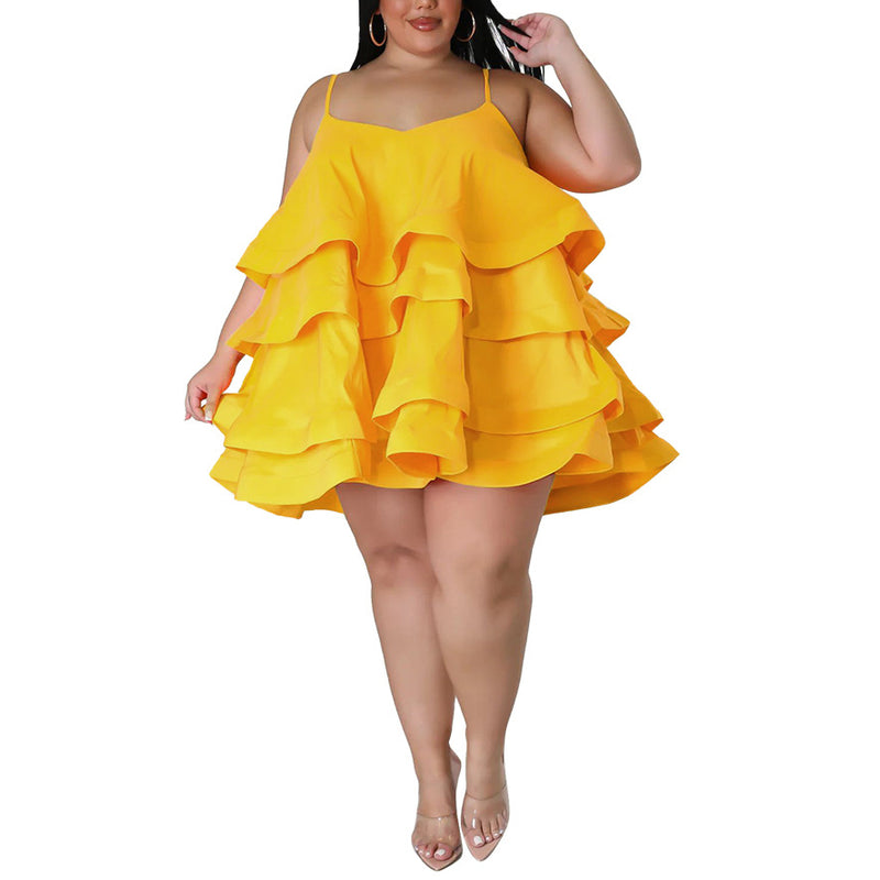 Sexy Sleeveless Ruffled Solid Color Curvy Cake Dresses Wholesale Plus Size Clothing