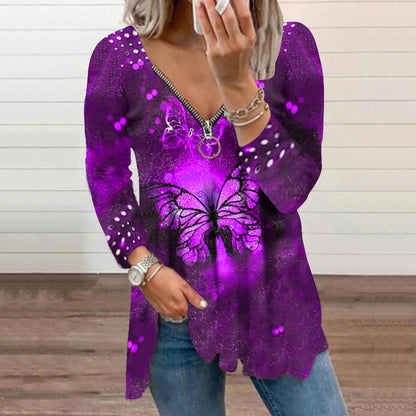 Fashion Printed V-Neck Zip Pullover Casual Blouse Womens Long Sleeve T-Shirt Wholesale Tunics Tops