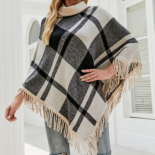 Fashion Long Fringed Plaid Shawl Loose High Neckline Knitted Wholesale Cape Sweater