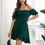 Solid Color Square Neck Puff Sleeve Tie-Up Nipped Waist Back Ruffle Dress Casual Wholesale Dresses