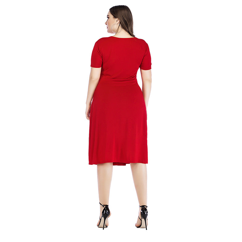 Short Sleeve V-Neck Slit Midi Curvy Dresses Wholesale Plus Size Clothing