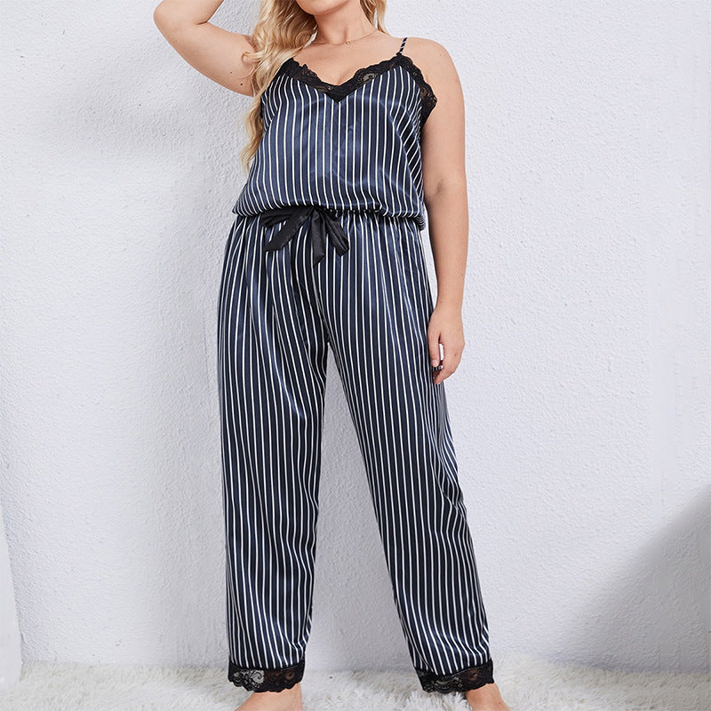 Womens 2pcs Sets Striped Lace Camisole & Trousers Curvy Satin Pajamas Loungewear Wholesale Plus Size Clothing
