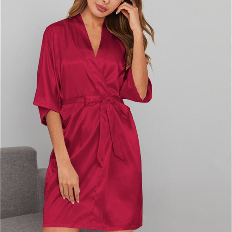 Solid Color Bathrobe Womens Satin Nightgown Casual Home Wear Wholesale Loungewear