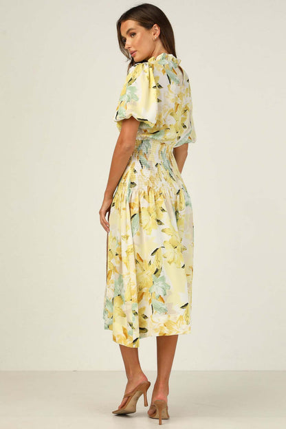 Floral Print Slit Dress Elastic Waist Short Sleeve Midi Wholesale Dresses