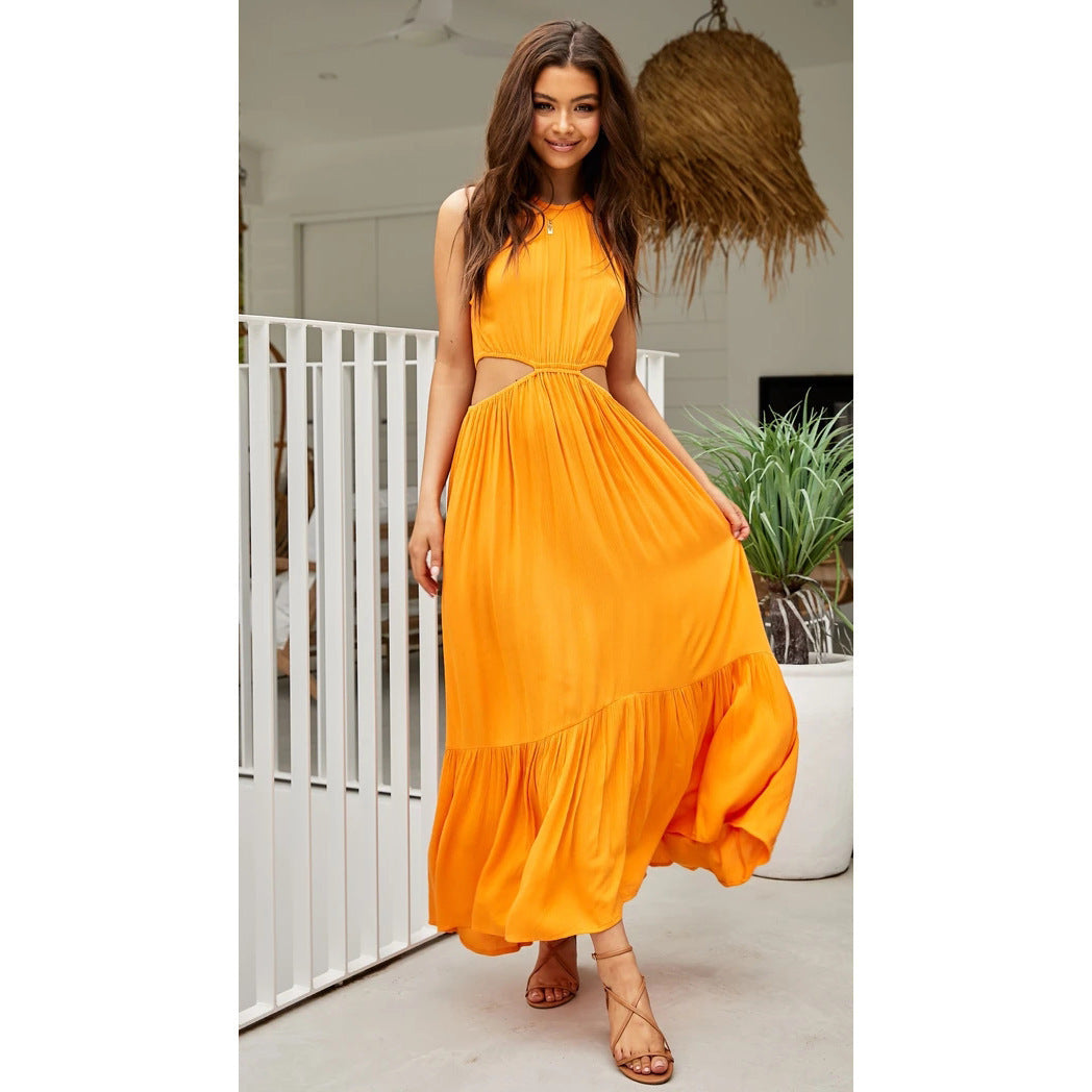 Halterneck Solid Color Sexy Open Waist Cutout Deisng Wholesale Maxi Dresses Vacation Dress