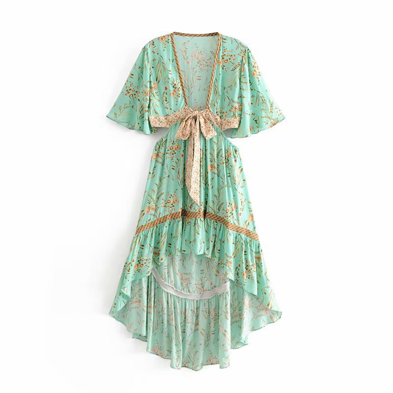 Floral Print Deep-V Neck Lace-Up Flare Sleeve Cutout Irregular Hem Resort Maxi Dresses Wholesale Bohemian Dress For Women