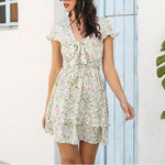 Floral Print V Neck Short Sleeve Lace Up Bowknot Wholesale Swing Dresses for Summer